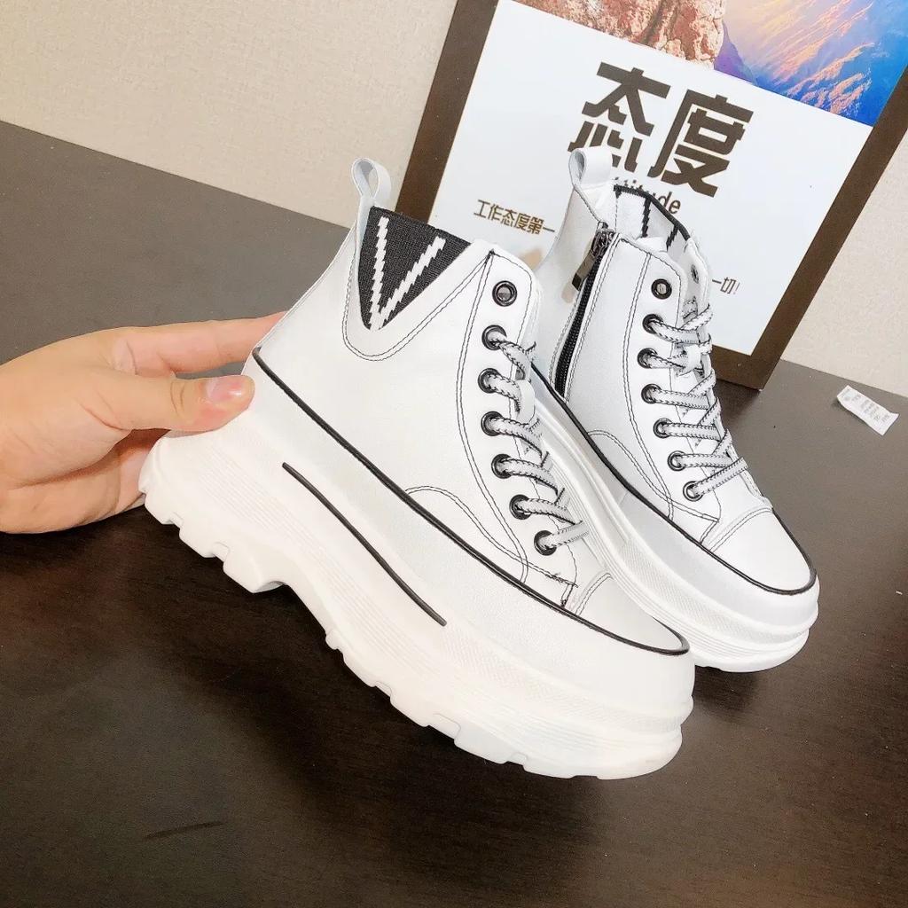 Fashion High Quality 7CM White Platform Wedge Sneakers Chunky Shoes Genuine Leather Combat Boots Women Ankle Boots Spring Autumn Booties