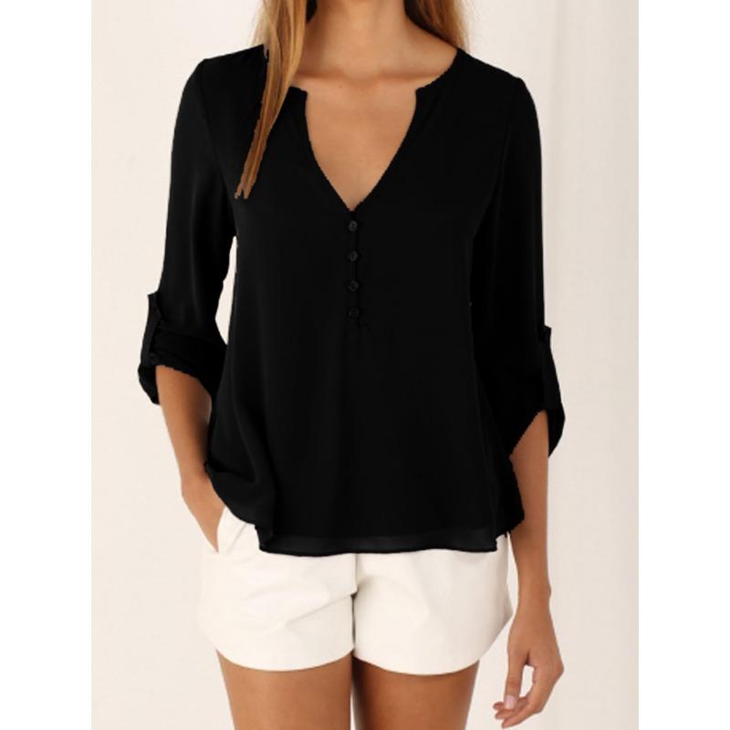 YYFS Women's Fashion Casual Spring Fall Solid Color Print Long Sleeve V-Neck Blouses & Shirts