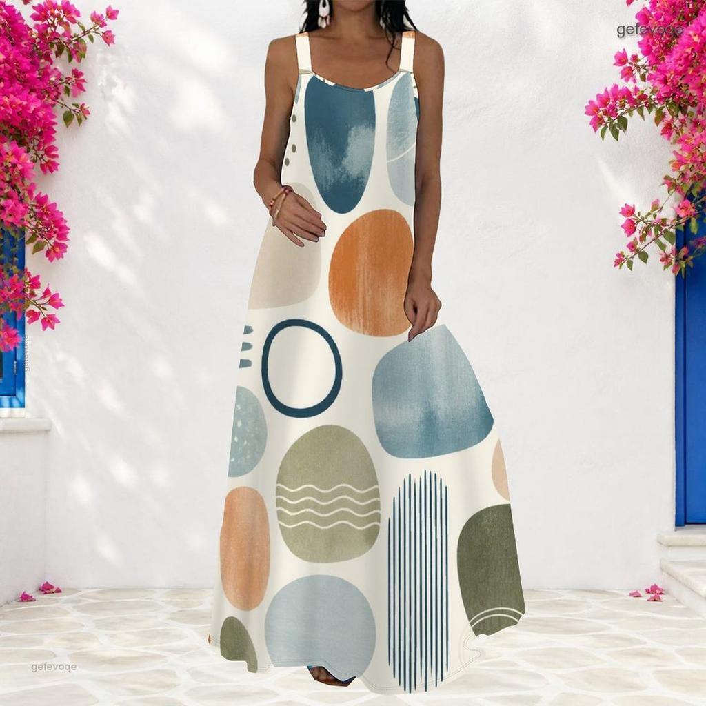 Women Plus Size Scoop Neck Strappy Sleeveless Geometric Printed A Line Maxi Dress