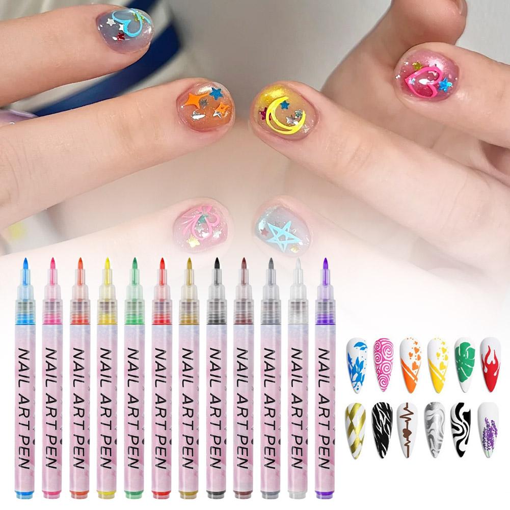 12Pcs/Set Graffiti Nail Art Pen Set Waterproof Painted Nail Art Pens Abstract Lines Fine Detail Pattern Nail Marking Tools