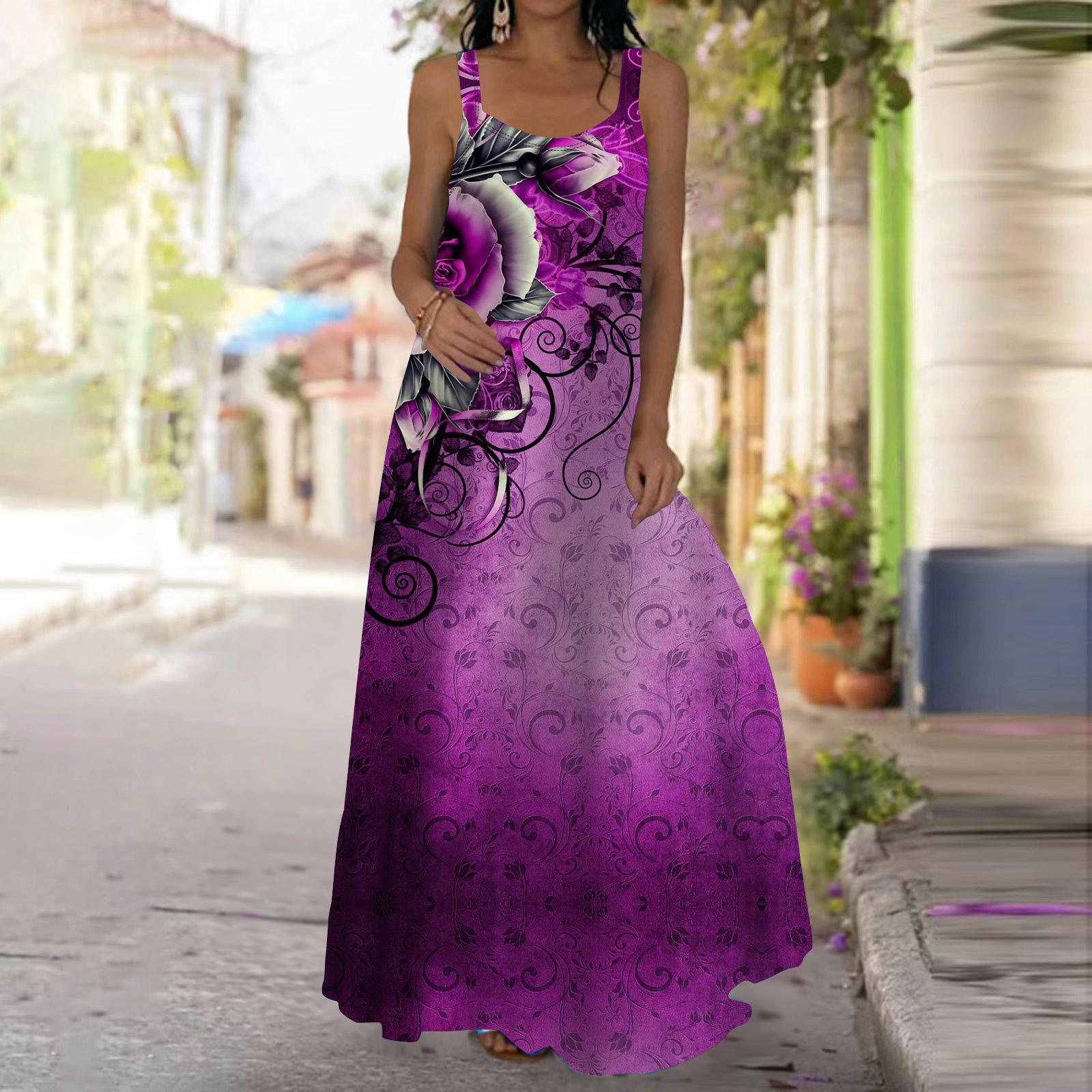 

Женское платье-комбинация Длинное платье макси Платье с принтом синих роз Весна и лето Для отдыха и отпуска 8XL фиолетовый