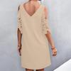 Fashion Women Solid Color V-Neck Off-Shoulder Dress Casual Loose Piece Dress