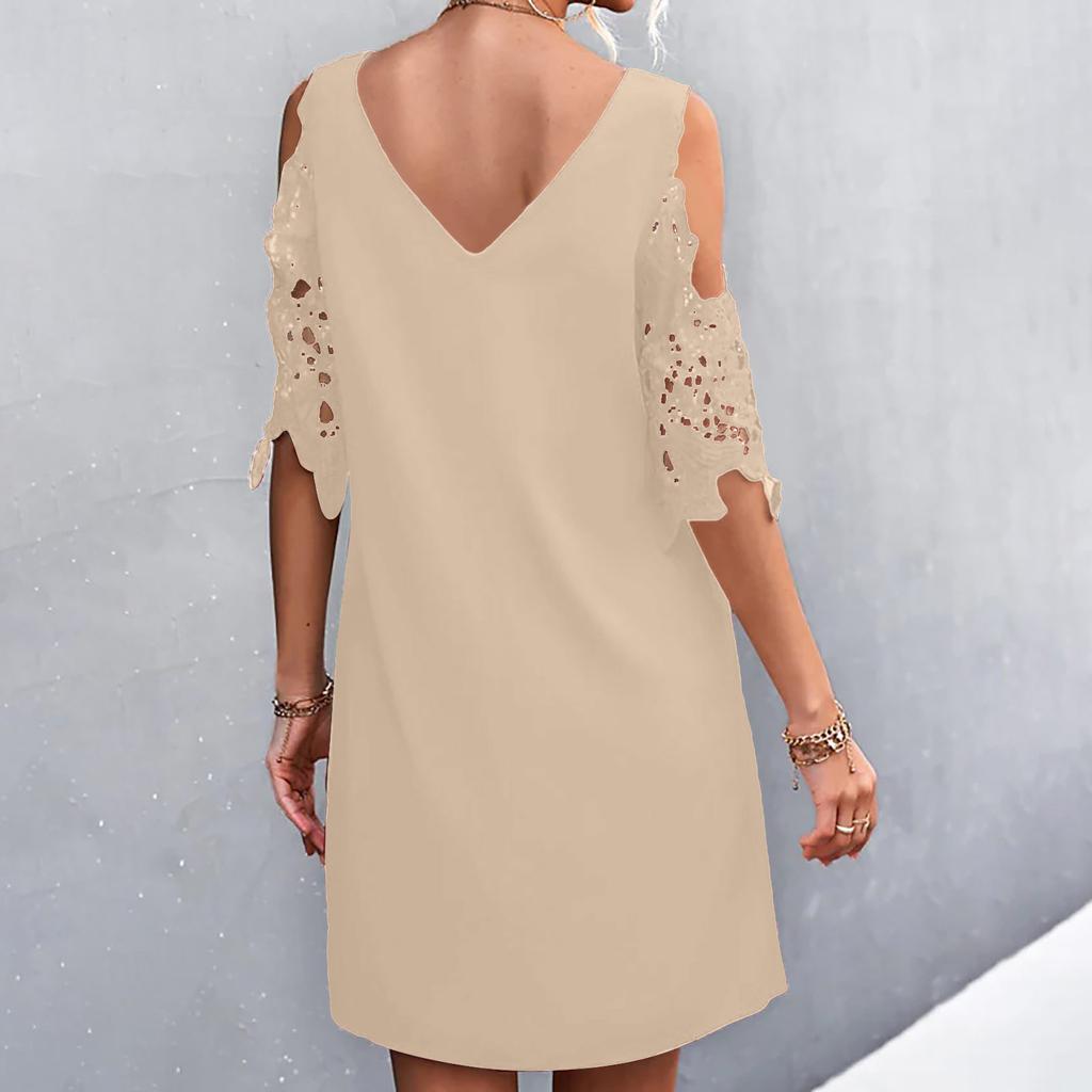 Fashion Women Solid Color V-Neck Off-Shoulder Dress Casual Loose Piece Dress