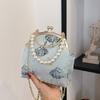 Elegant Floral Embroidered Shoulder Bag For Women Vintage Metal Handle Purse With Detachable Chain Strap Handbag