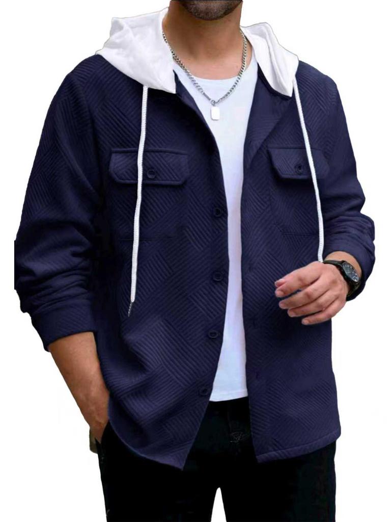 Men's Autumn/Winter Color Block Hooded Jacquard Sweatshirt with Buttons and Pockets