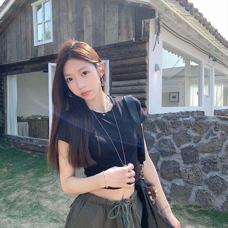 Korean Spice Girl Open Navel Short Sleeve T-Shirt Women's Summer New Sweet and Spicy Short Atmospheric Top