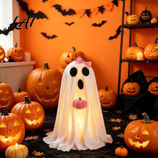 Spooky Seasonal Atmosphere Halloween Ghost Decoration Light-Up White with Pumpkin Indoor Children Party Favors Cute Standing Tabletop for