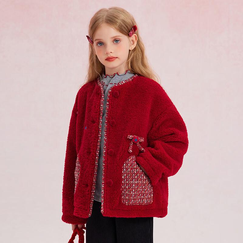 Новогодняя красная хлопковая куртка для девочек в стиле  Маленький аромат  160