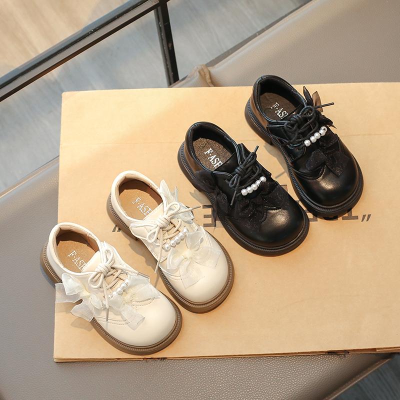 Girls Leather Shoes Round Toes Soft Sole Kids Princess Shoes Mesh Lace Bow 2025 New Girls Flats Black Matte Dance Performance