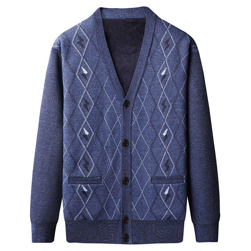 Men's Autumn-Winter Knit Cardigan: Thickened Velvet Sweater for Middle-aged and Elderly Dads and Grandpas.