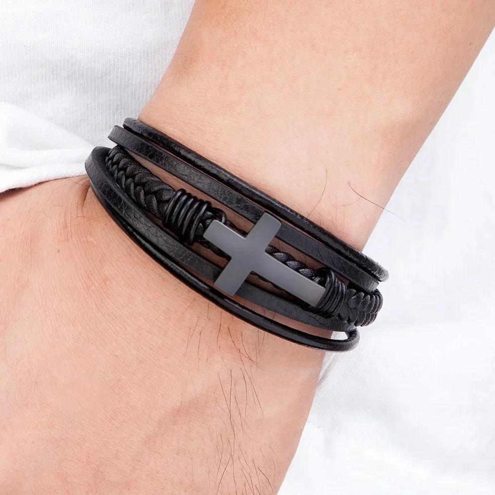 2025 Luxury Multicolor Cross Design Classic Stainless Steel Men's Leather Bracelet 19/21/23cm Choose Handsome Christmas Gifts
