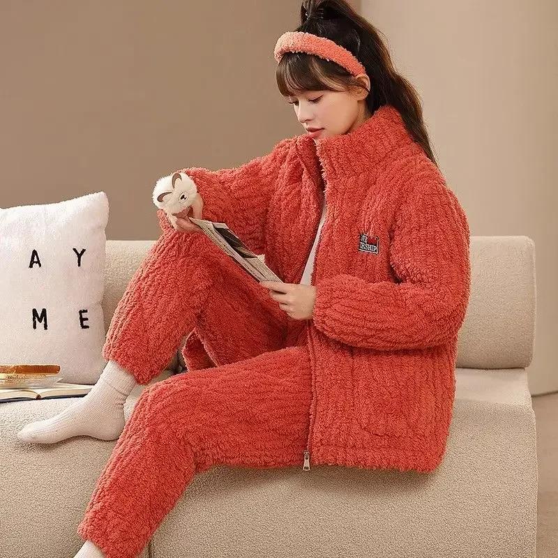 Sleepwear Women Winter Home Sleep Clothes Three Layer Thick Cotton Nightgown Flannel Coral Fleece Warm Coat Large Homewear Set