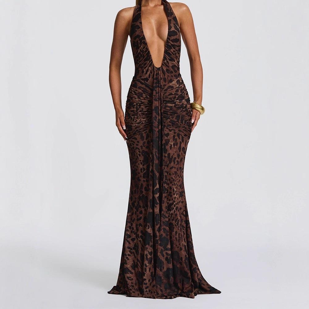 European and American Style Autumn and Winter New Neck Deep V-neck Streamer Dress, Sexy Leopard Print Slim-fitting Backless Hip Skirt