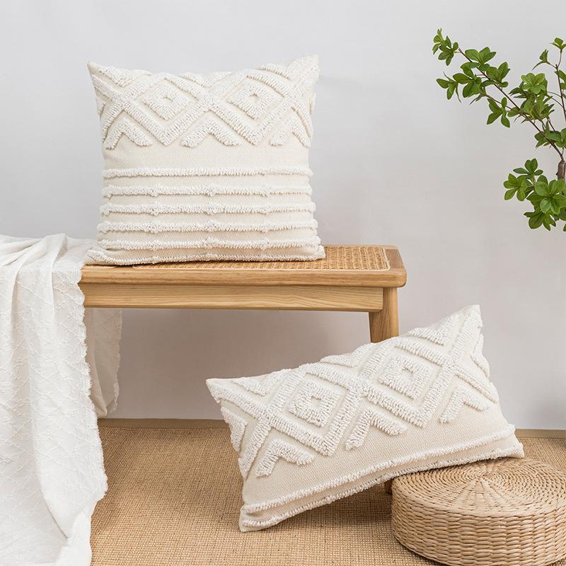 Beige Geometric Embroidery Cushion Cover Boho Ethnic Pillow Cover with Pompom 45x45cm/ 30x50cm Home Decoration Sofa