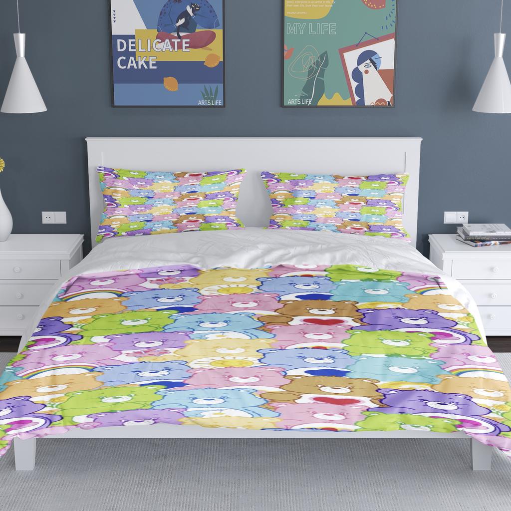Tecknade Flickor Anime Care Bears Påslakan Set Kawaii Täckeöverdrag Örngott Set Barn Sängkläder Set Dekor Full Queen Size