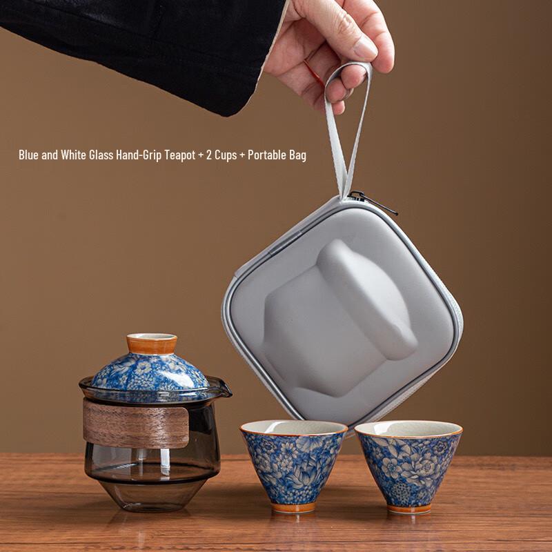 Peach Gardenia Blue & White Portable Ceramic Tea Set