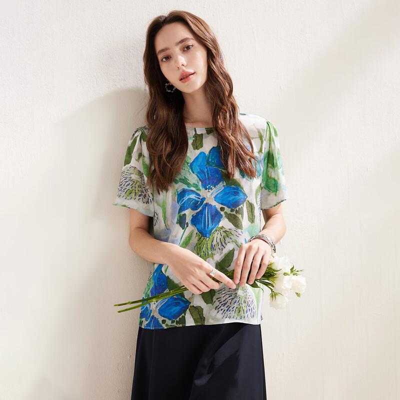 Zhaojun Women's Printed Mulberry Silk Short Sleeve Blouse