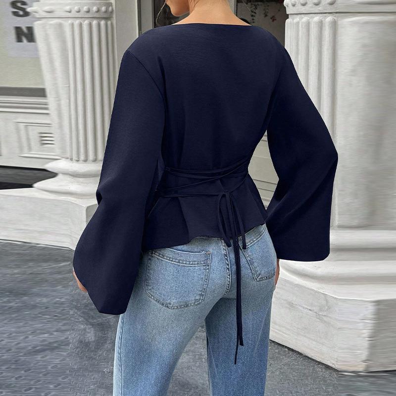 Ladies Spring Autumn Flare Sleeves Round Collar Solid Color Slim Fit Pullover Casual Shirt Top