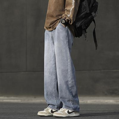 Hong Kong Style Distressed High Street Straight Jeans Men's Loose Casual Korean Style Trendy Casual Wide Leg Trousers