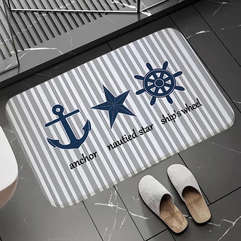 Chic Nautical Anchor Boat Navy Blue Stripes Doormat Bathroom AntiSlip Floor Mat Long Corridor Carpet Custom Rug For Kitchen Bath