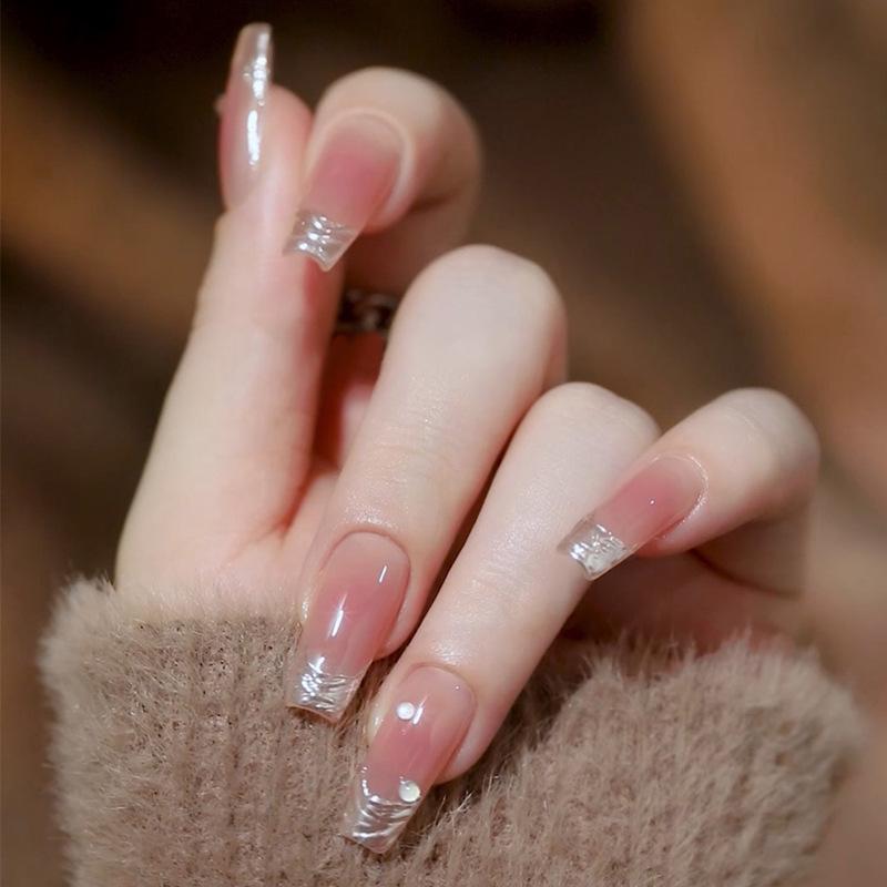 

Xiaohongshu Medium Long French Silver Edge Blush Diamond Fake Nail Tips Glue Type