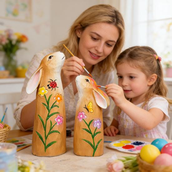 1 Pair Easter Bunny Figurine Carving Flower Butterfly Ladybird Rabbit Statue Animal Sculpture Holiday Party