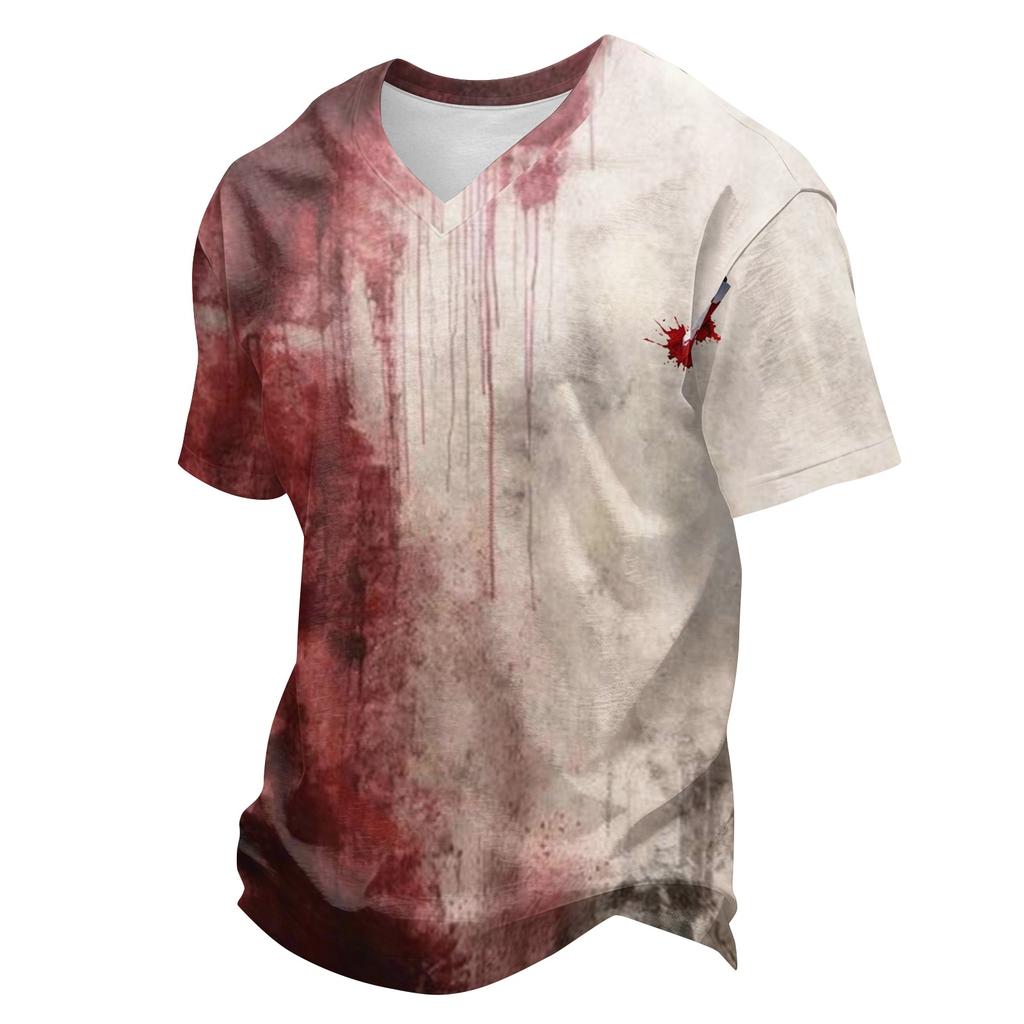 Men's Halloween V-Neck Short Sleeve T-Shirt, Lightweight Breathable Casual Print Tee, Fun Holiday Top for Costume Party