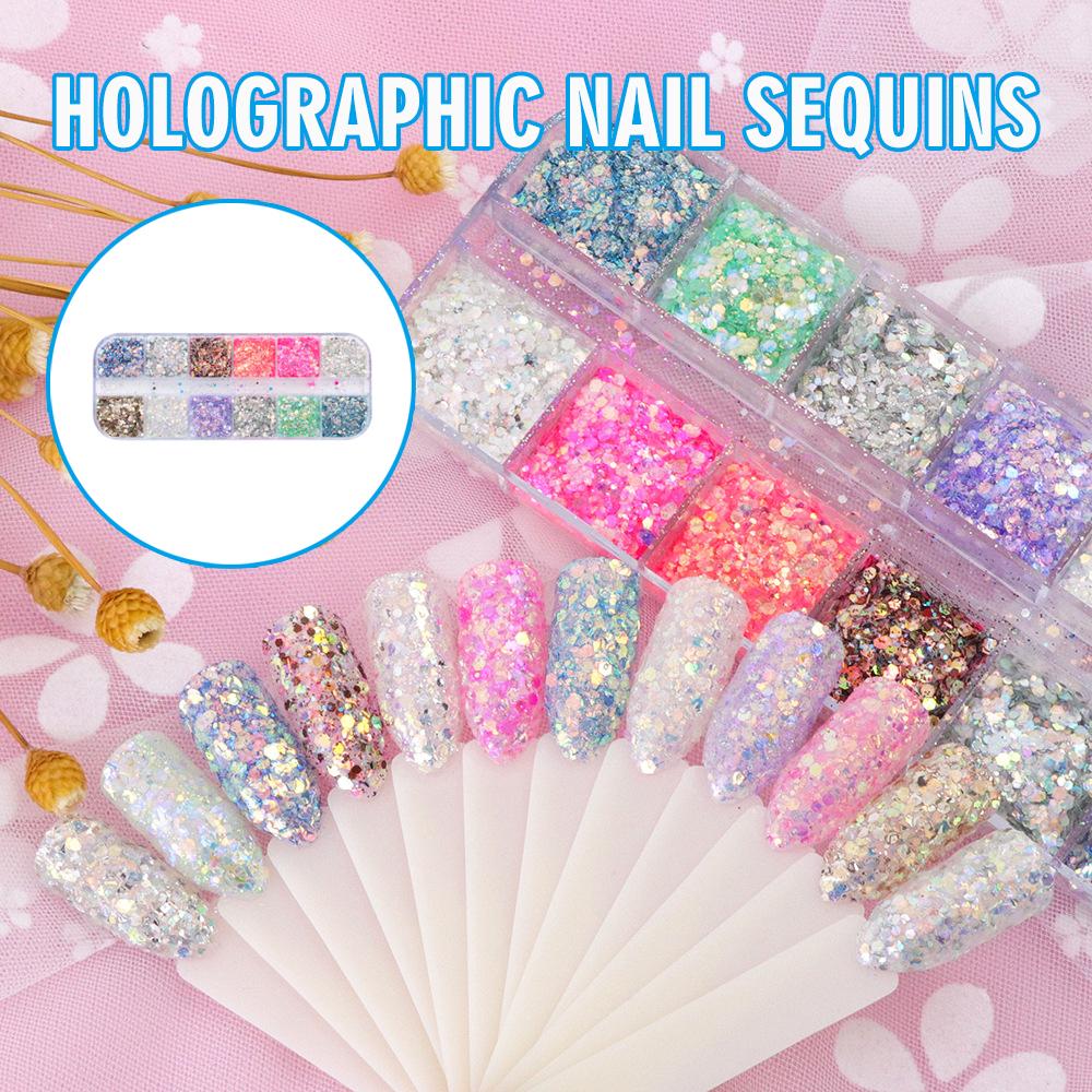 

Tingml, 12 цветов/1 коробка, голографические блестки для ногтей, блестящие хлопья, блестящая художественная наклейка