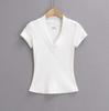 Summer New Female American Spice Girl Solid Color Dark V-neck Short-sleeved T-shirt Design Sense Splicing Slim-fitting Waist Bottoming Shirt