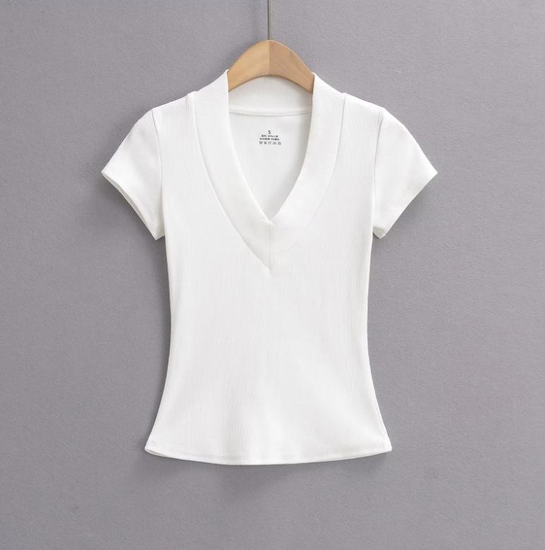 Summer New Female American Spice Girl Solid Color Dark V-neck Short-sleeved T-shirt Design Sense Splicing Slim-fitting Waist Bottoming Shirt