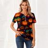 Women's Halloween Printed Loose Fit V Neck Short Sleeve Top with Pocket Casual Blouse for Seasonal Wear and Everyday Comfort