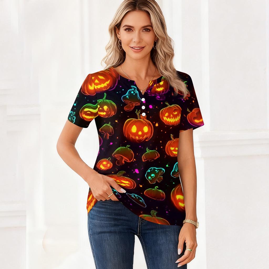 Women's Halloween Printed Loose Fit V Neck Short Sleeve Top with Pocket Casual Blouse for Seasonal Wear and Everyday Comfort