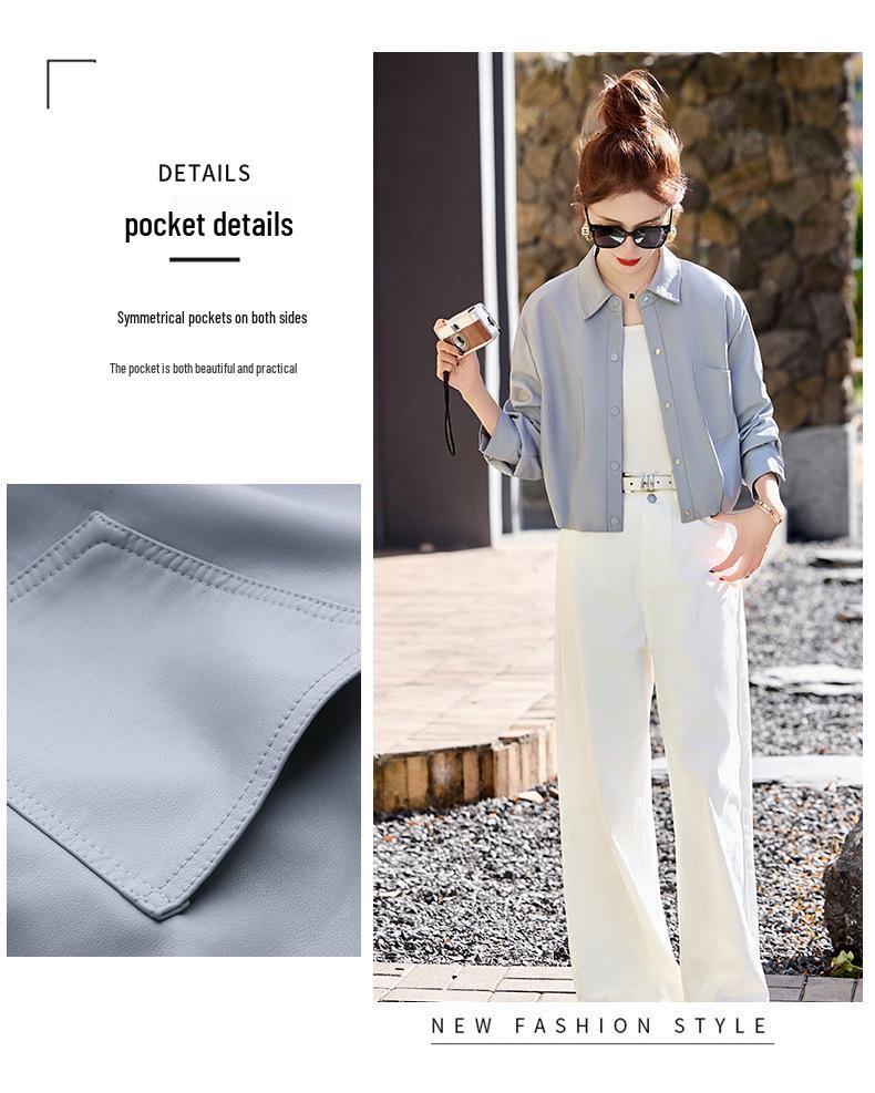 2025 Spring Women's Solid Color Loose Lapel PU Leather Jacket
