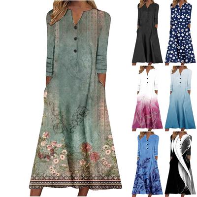 Women's Autumn And Winter Dress Women's Casual Printed Tube Top V-Neck Button Long Sleeve Swing Dress