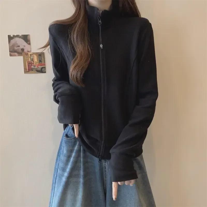Women's Korean Velvet Stand Collar Sweater Cardigan with Double Zipper – Trendy European Autumn/Winter 2024 Casual Jacket.