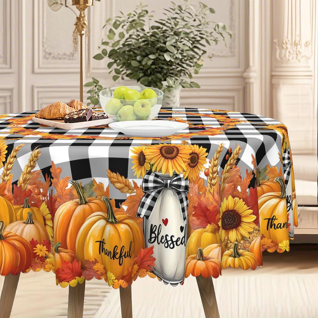 Autumn Harvest Tablecloth, Black And White Plaid And Pumpkin Sunflower Warm Matching Tablecloth