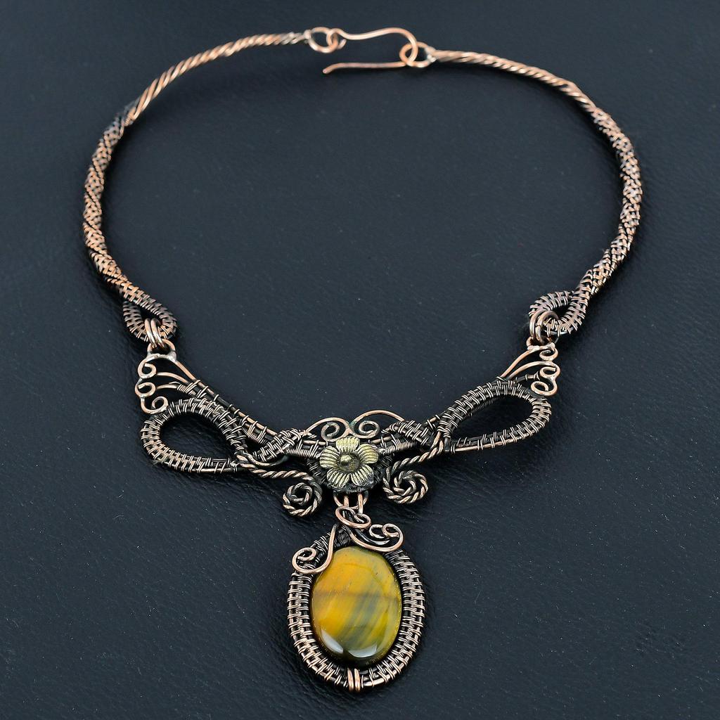 Blue Tiger's Eye Necklace, 999 Copper Wire Wrapped Jewelry, Gemstone Jewelry Adjustable Chain Necklace, Handmade Wedding Gift Jewelry