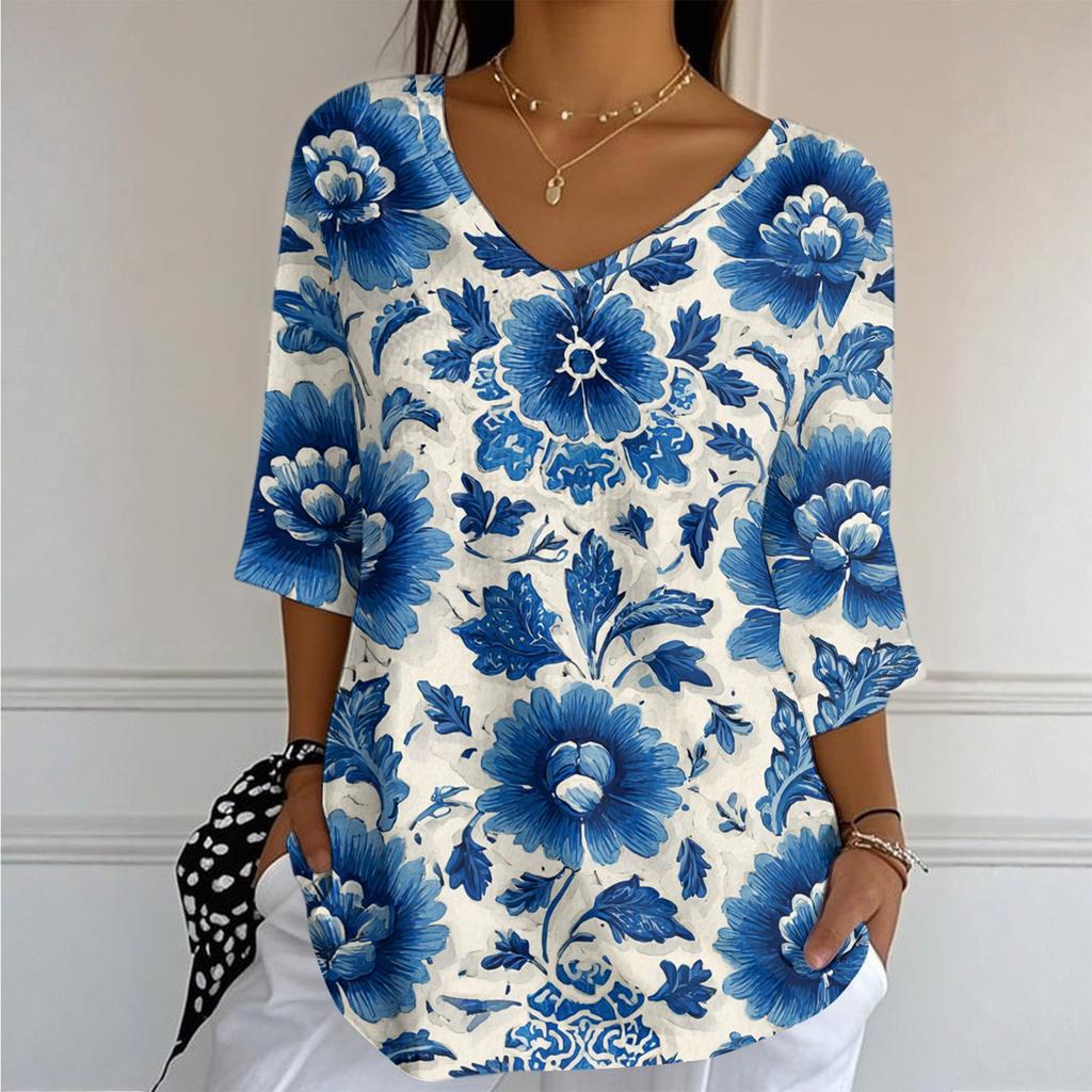 Women's Casual And Fashionable V-Neck Floral Print Seven Quarter Sleeved Top Top