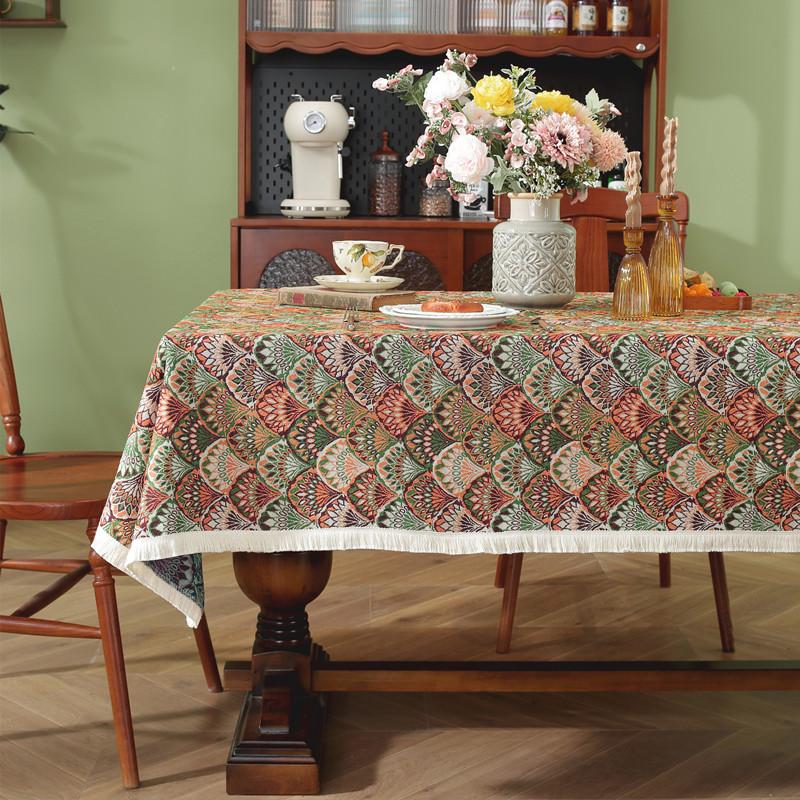 Retro Polyester Cotton Color Woven Jacquard Plant Fan-Shaped Flower Fringed Tablecloth Rectangular Coffee Table Tablecloth Dining Table Cloth