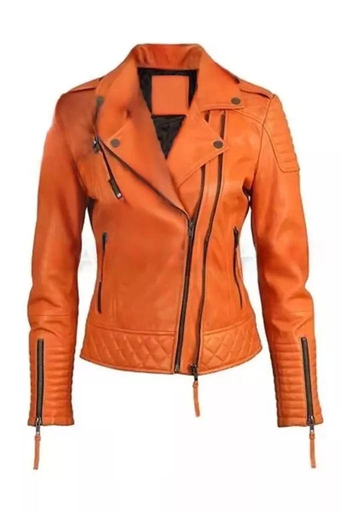 Orange Leather Jacket Handmade Biker Designer Stylish Genuine Lambskin Women's