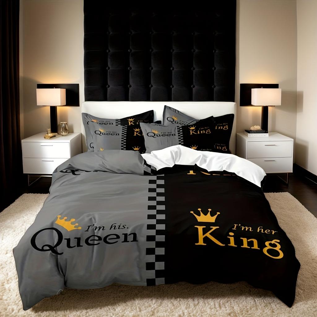 Valentine'S Day King And Queen Duvet Cover Set Crown Design Print Soft And Breathable Polyester Machine Washable