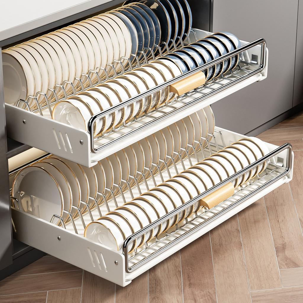 Pull-out Dish Rack With Wooden Handle And Drain Tray Spice Box Storage Rack Cabinets Organizer Kitchen Storage Rack