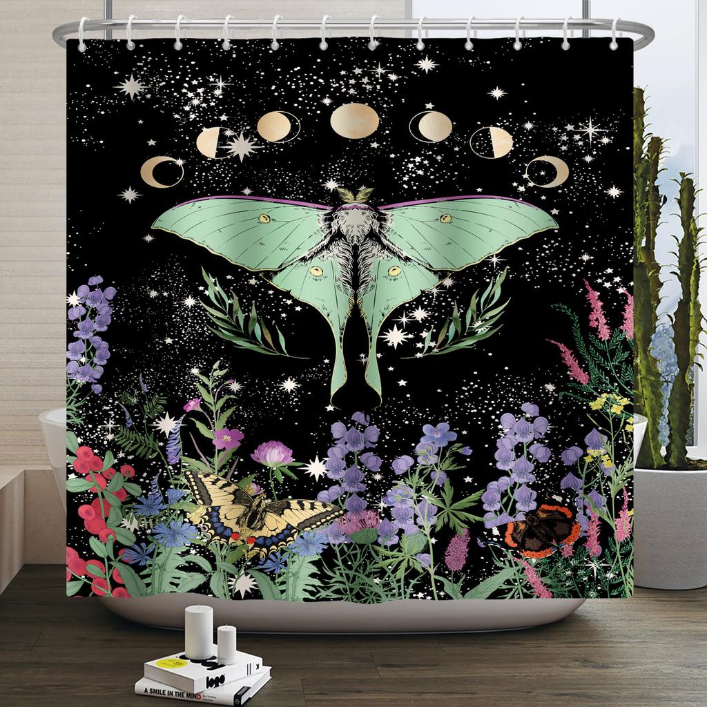 Butterfly Moth Moon Phase Shower Curtain Mushroom Floral Sun Star Plant Flower Goth Witchy Waterproof Bathroom Curtain Home Deco