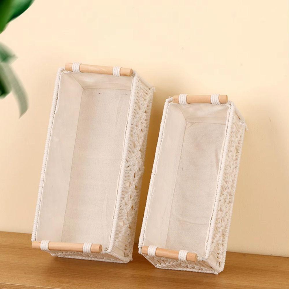 Cotton Rope Hand Woven Storage Box Grid Designed with Handle Toilet Paper Shelf Basket Warm White Boho Decor