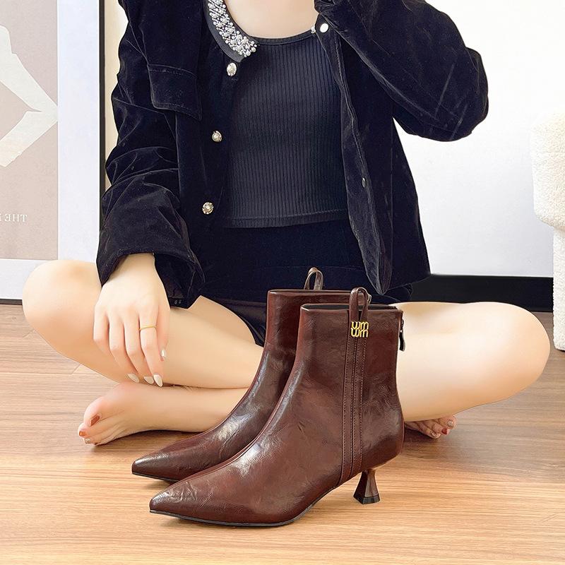 [Customized] Short Boots Women's High Heels Pointed Spring and Autumn Single Boots Thin Heels High Heels Thin Boots Medium Tube Fashion Boots