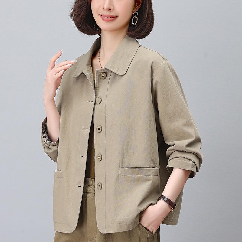 

Модная маленькая куртка мамы 2024: Свободный, Приталенный, Короткий Повседневный Топ с Лацканами для Весны и Осени L (115-130 lbs) хаки