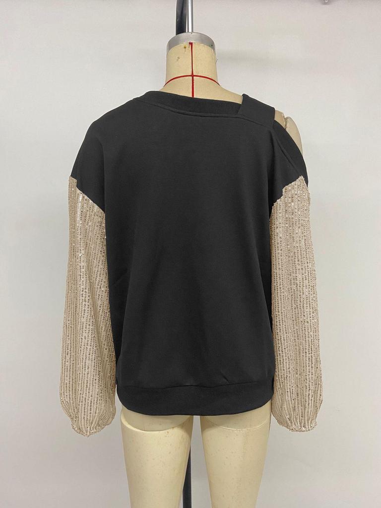 2025 Retro Party Style Women's Sequin Off-Shoulder Color Block Hoodie