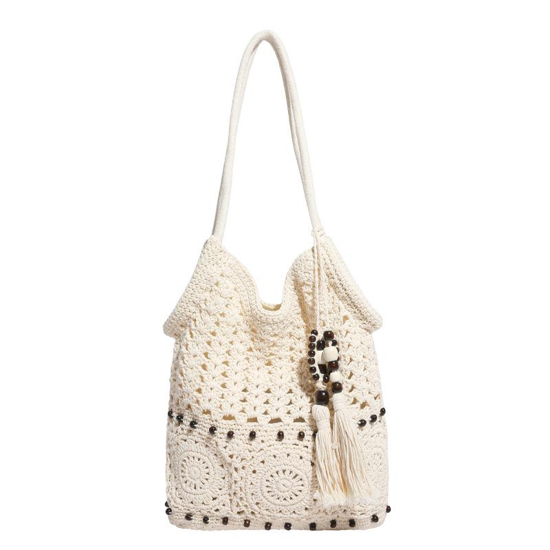 Literary Handmade Cotton Thread Woven Bag Women's Seaside Vacation Shoulder Underarm Tote Bag Casual Beach Bag