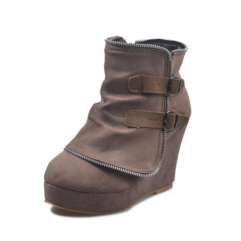 Fashion Women Warm Chunky Heeled Ankle Boots Fashion Retro Botas Mujer Suede Wedge Zipper Solid Color Round Toe Shoes Ladies Short Boots