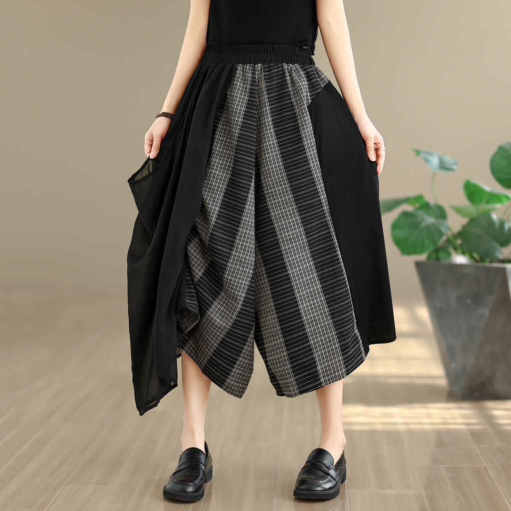 DIMANAF 2026 Estate Spiaggia Taglie Forti Pantaloni Lunghi Donna Vita Elastica Larghi Vintage Casual Pantaloni Pantaloni Fondo Quadri Nero
